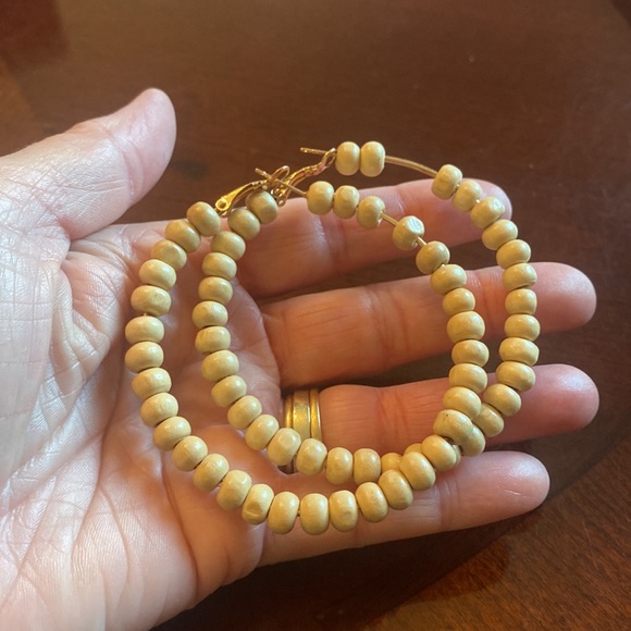 Oversized Boho Style Tan Beaded Hoop Earrings - Picture 5 of 5